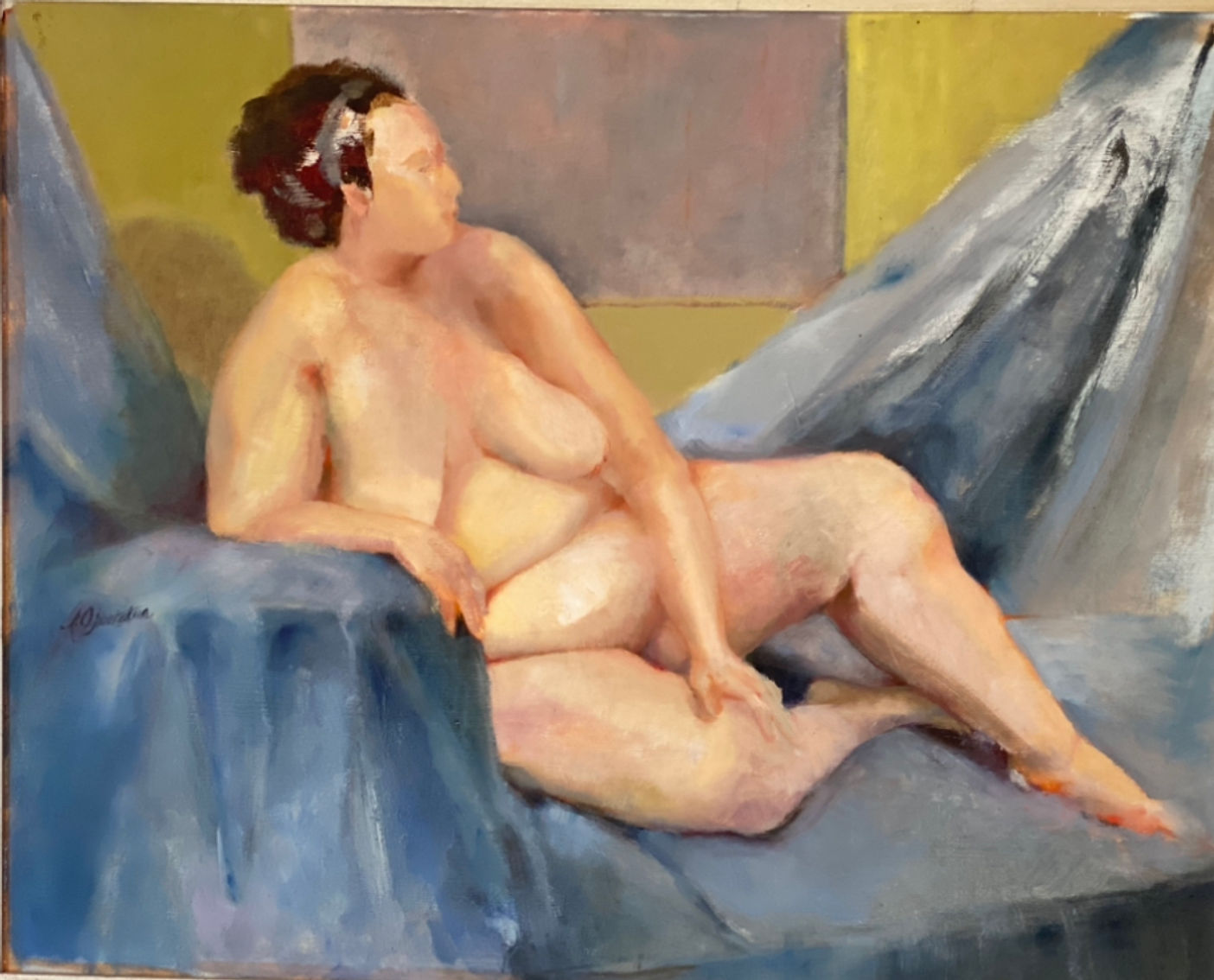 Blue Nude by Kate Hoekstra — oil on canvas, 22 by 30 inches. A figure study in rich blue tones.