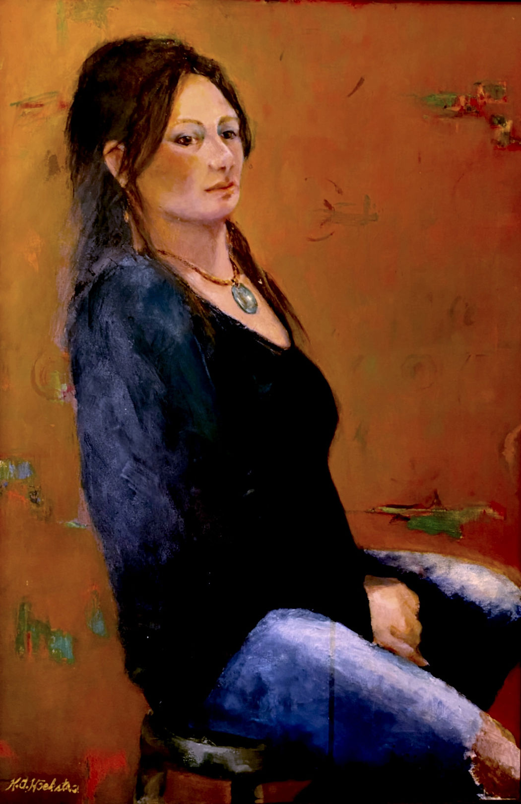 Woman in Jade by Kate Hoekstra — oil on canvas, 24 by 36 inches. A woman wearing a jade necklace.